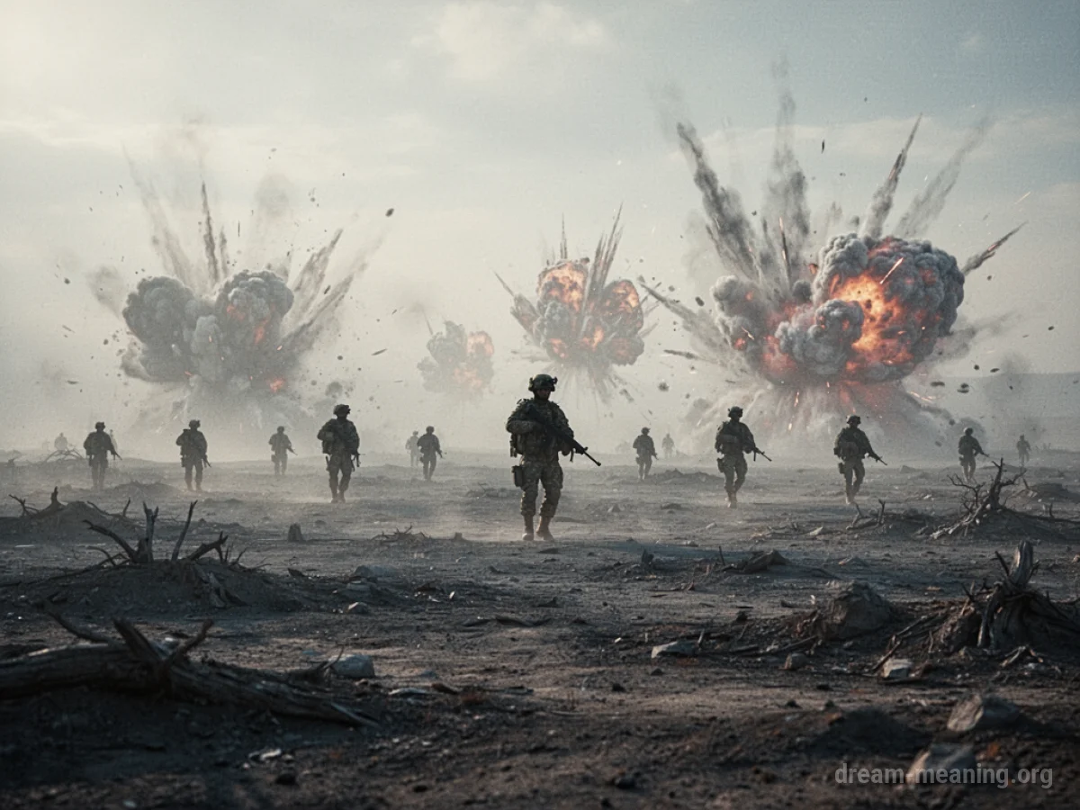 A distant, desolate landscape with faint silhouettes and abstract explosions.