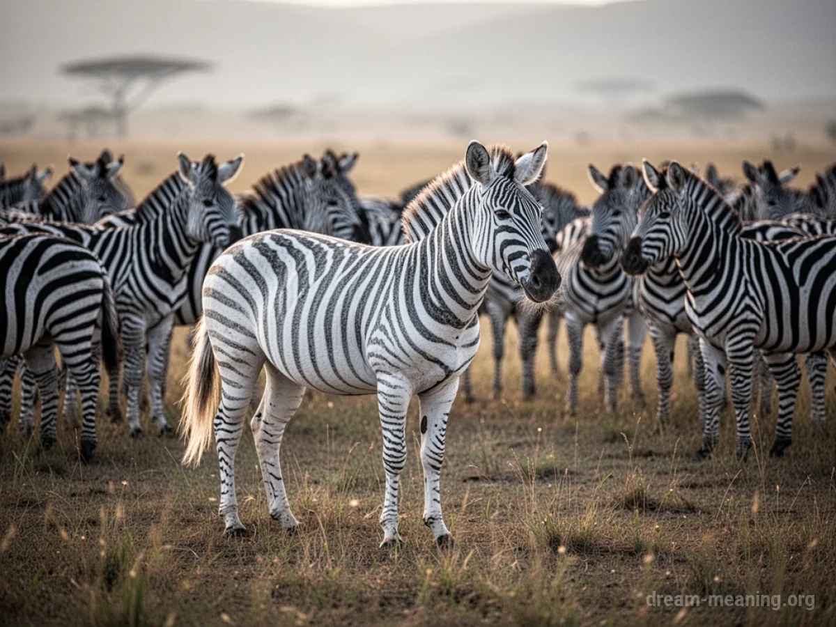 A white zebra stands apart from a herd of striped zebras.
