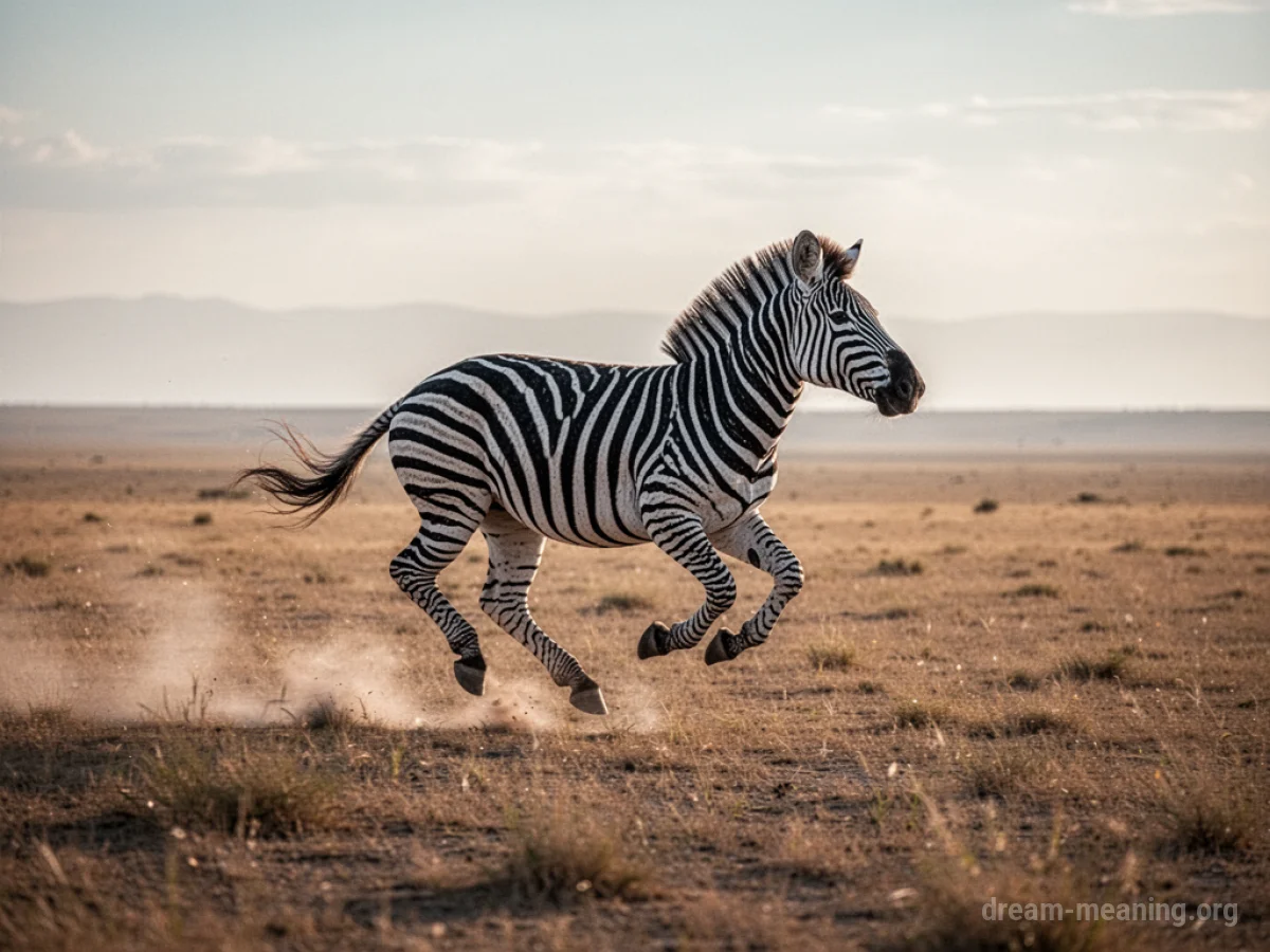 A single zebra running across an empty plain.