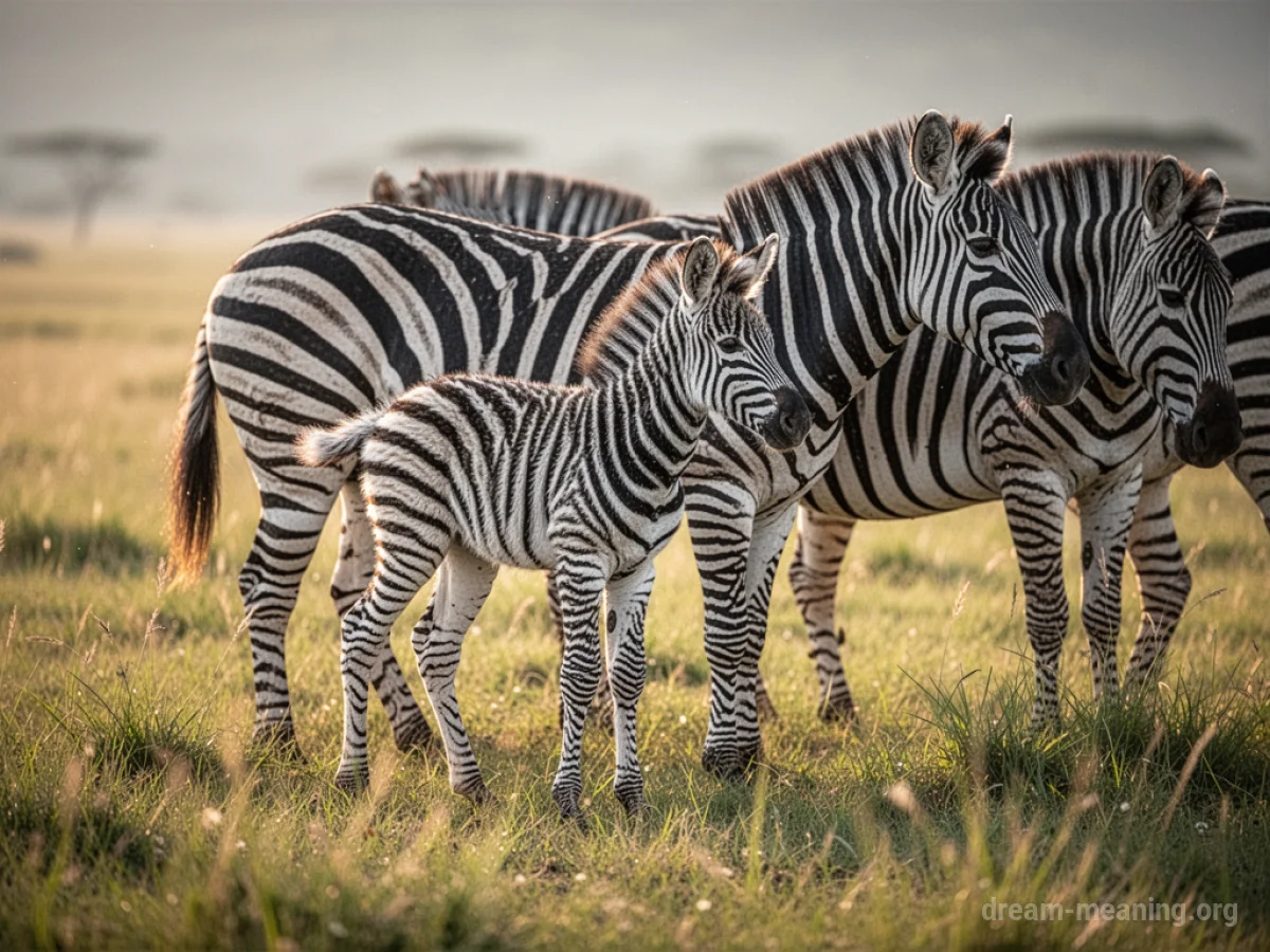 A mother zebra stands next to a newborn foal in a field.