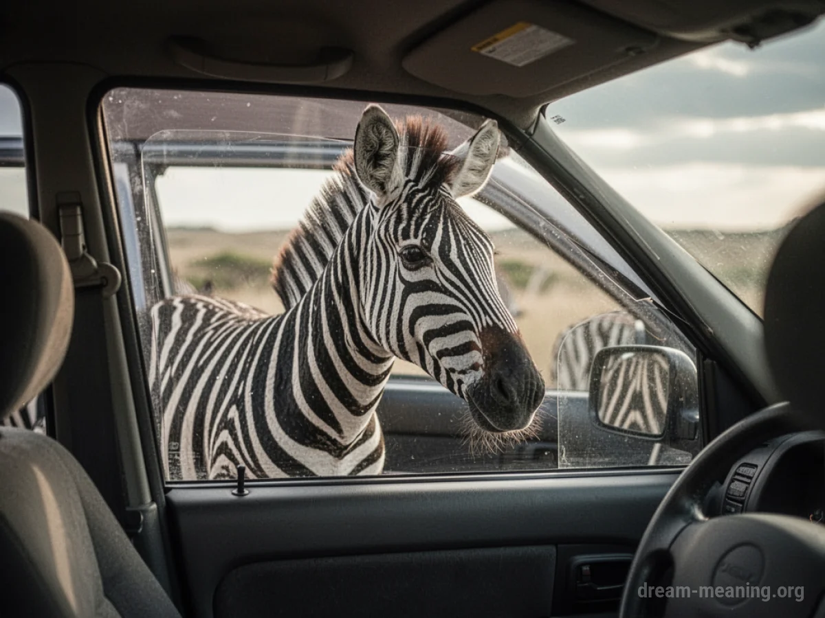 A zebra is inside a car, looking out the window.