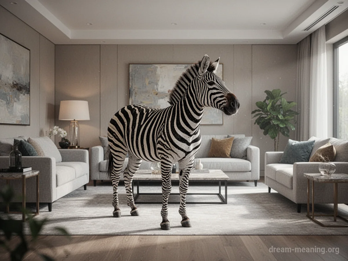 A zebra stands inside a living room.