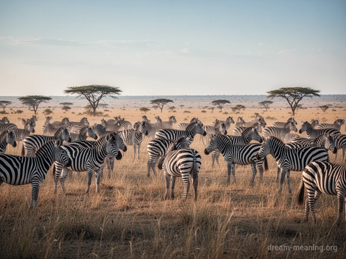 A wide expanse of grassland filled with many zebras.