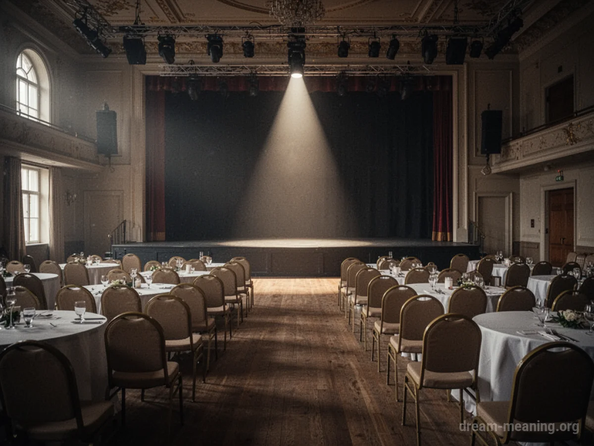An empty conference hall with rows of chairs facing a stage.