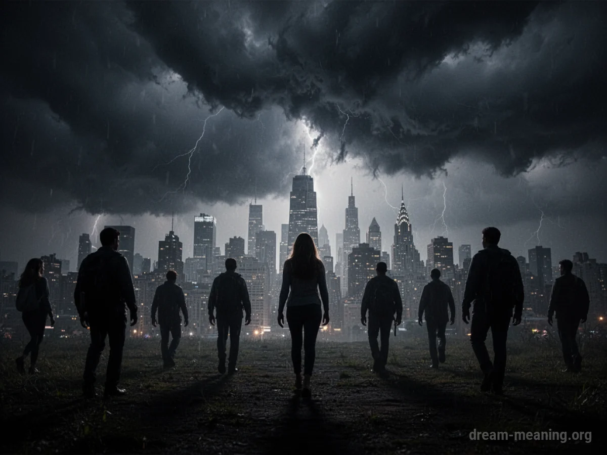 Silhouettes of figures approaching a city skyline.