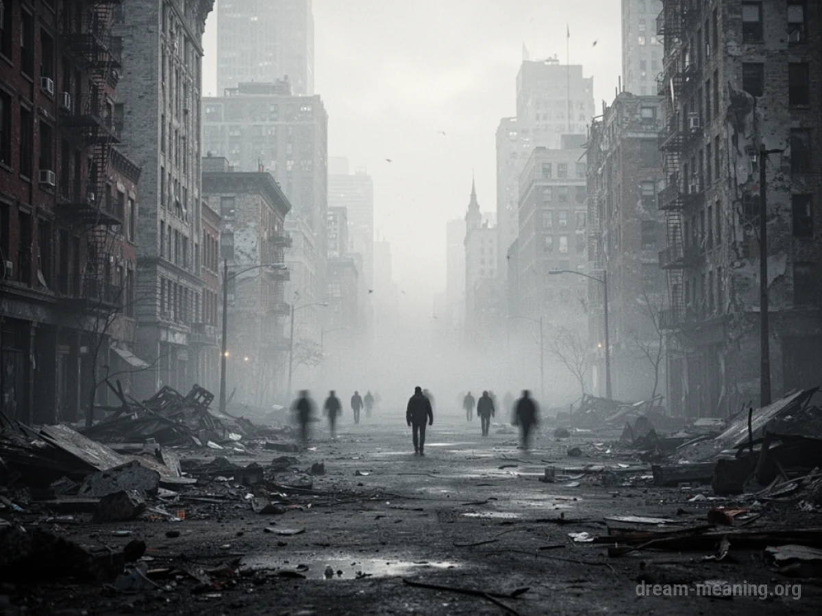 Distant figures in a hazy city landscape.
